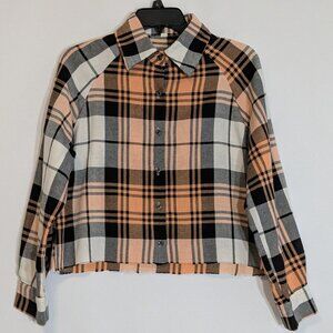 Orange/Black Plaid Flannel Cropped Long Sleeve Cut-Off Button Shirt; Size L